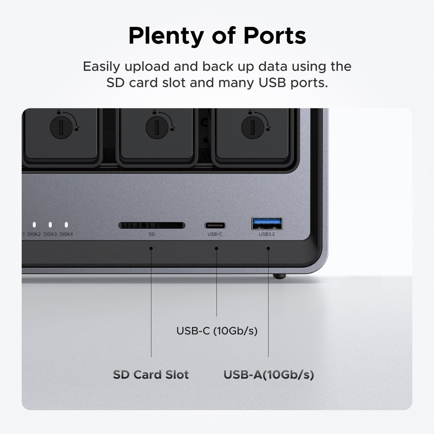 UGREEN NAS storage 4 bay with ports that easily upload and back up data using the SD card