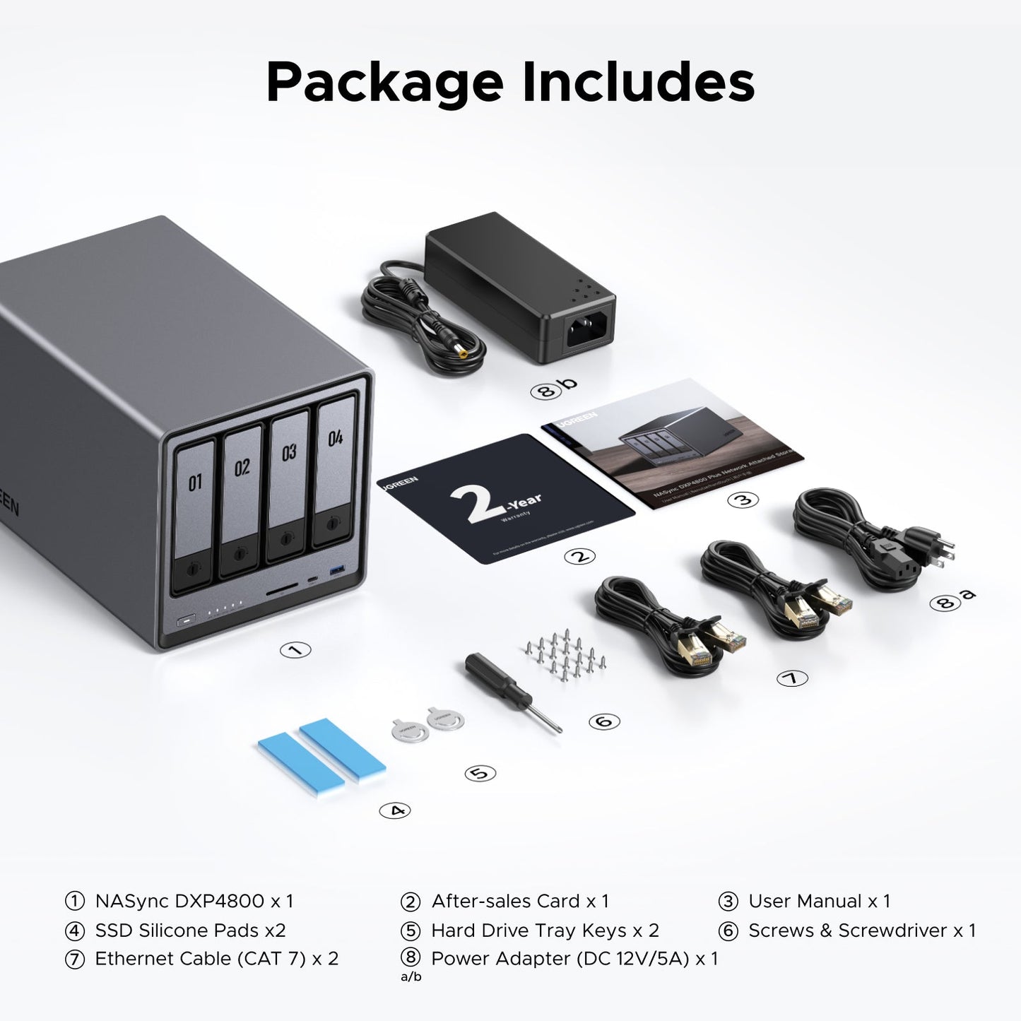 UGREEN NAS storage 4 bay include Main unit, 2x SSD silicone pads, 2x CAT7 Ethernet cables, power adapter (12V/5A), drive tray keys, screws with tool, after-sales card, and user manual.