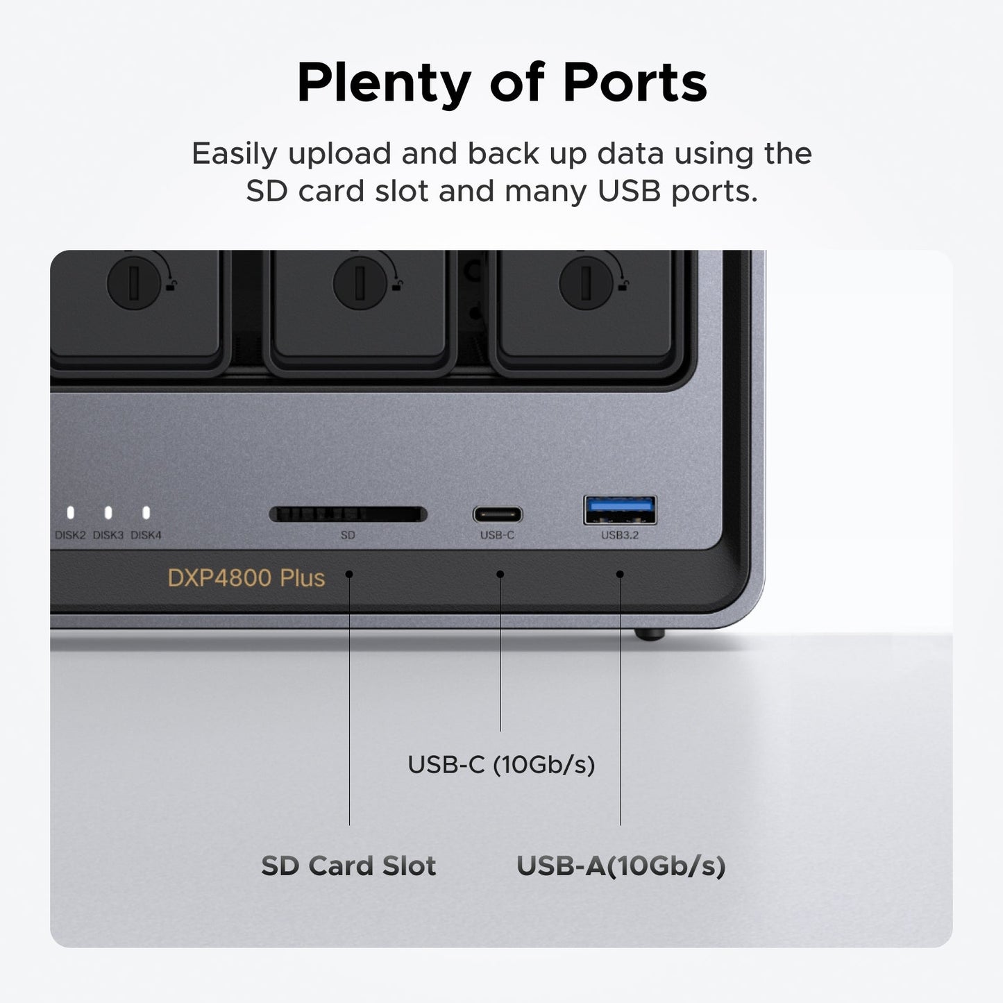 UGREEN NAS storage 4 bay with ports that easily upload and back up data using the SD card